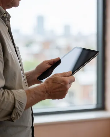 A senior man holds a tablet in an office with light terracotta plaster walls and a window overlooking the city.