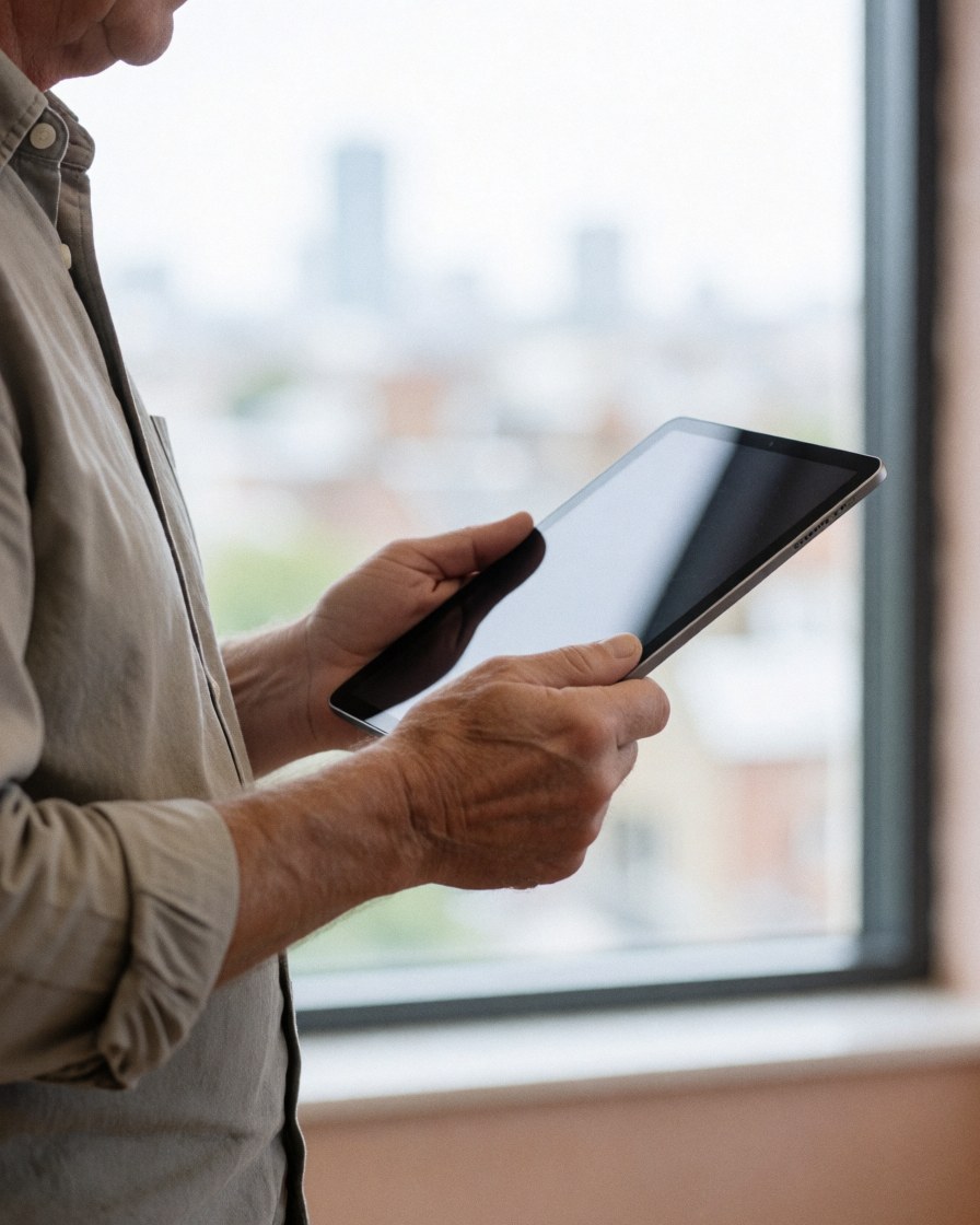 A senior man holds a tablet in an office with light terracotta plaster walls and a window overlooking the city.