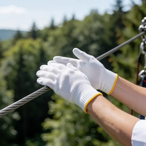 Close-up of white safety gloves gripping a steel zipline cable with a blurred green forest background in bright natural light