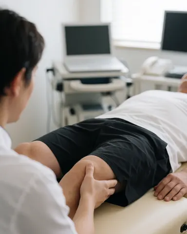 Therapist adjusting client leg on treatment table with medical equipment and white walls in physiotherapy clinic