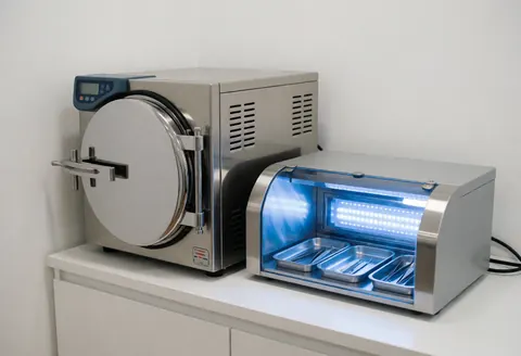 Sterile injection autoclave and UV sterilization box containing eyebrow tools in a clean modern salon setting