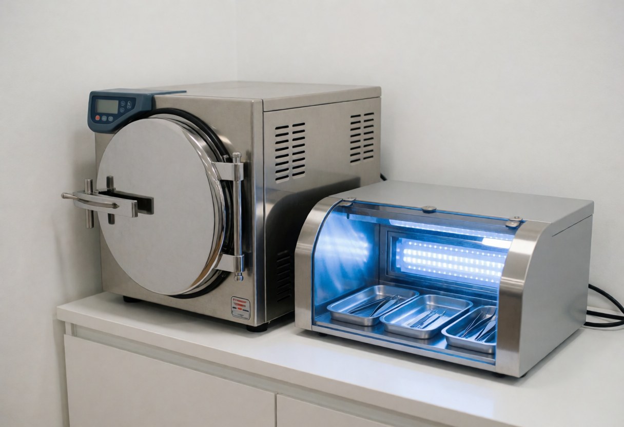 Sterile injection autoclave and UV sterilization box containing eyebrow tools in a clean modern salon setting