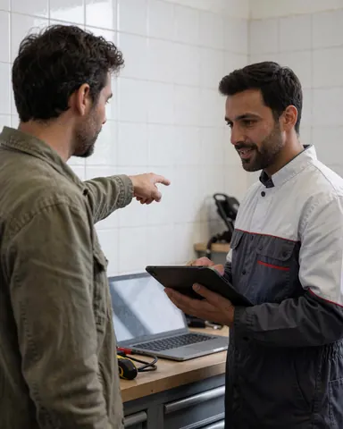 Uniformed technician explains battery repair to a client using a tablet in a tiled workshop.