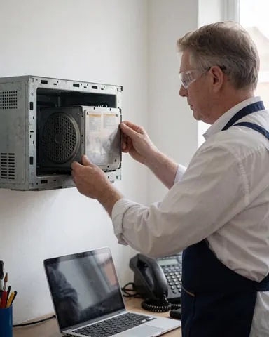 Technician installing a new magnetron inside an open microwave in a well-lit workshop.