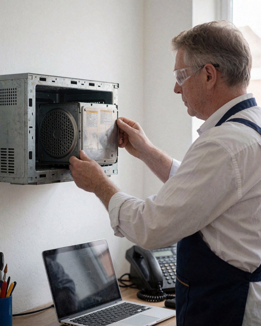Technician installing a new magnetron inside an open microwave in a well-lit workshop.
