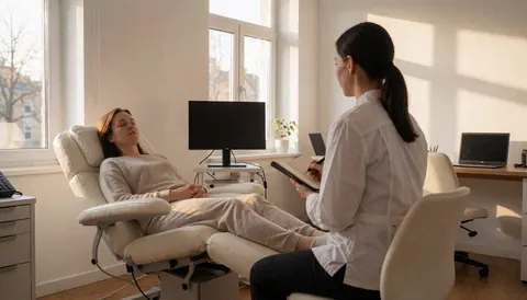 A patient rests in a recliner while a therapist takes notes in a bright, modern hypnotherapy office.