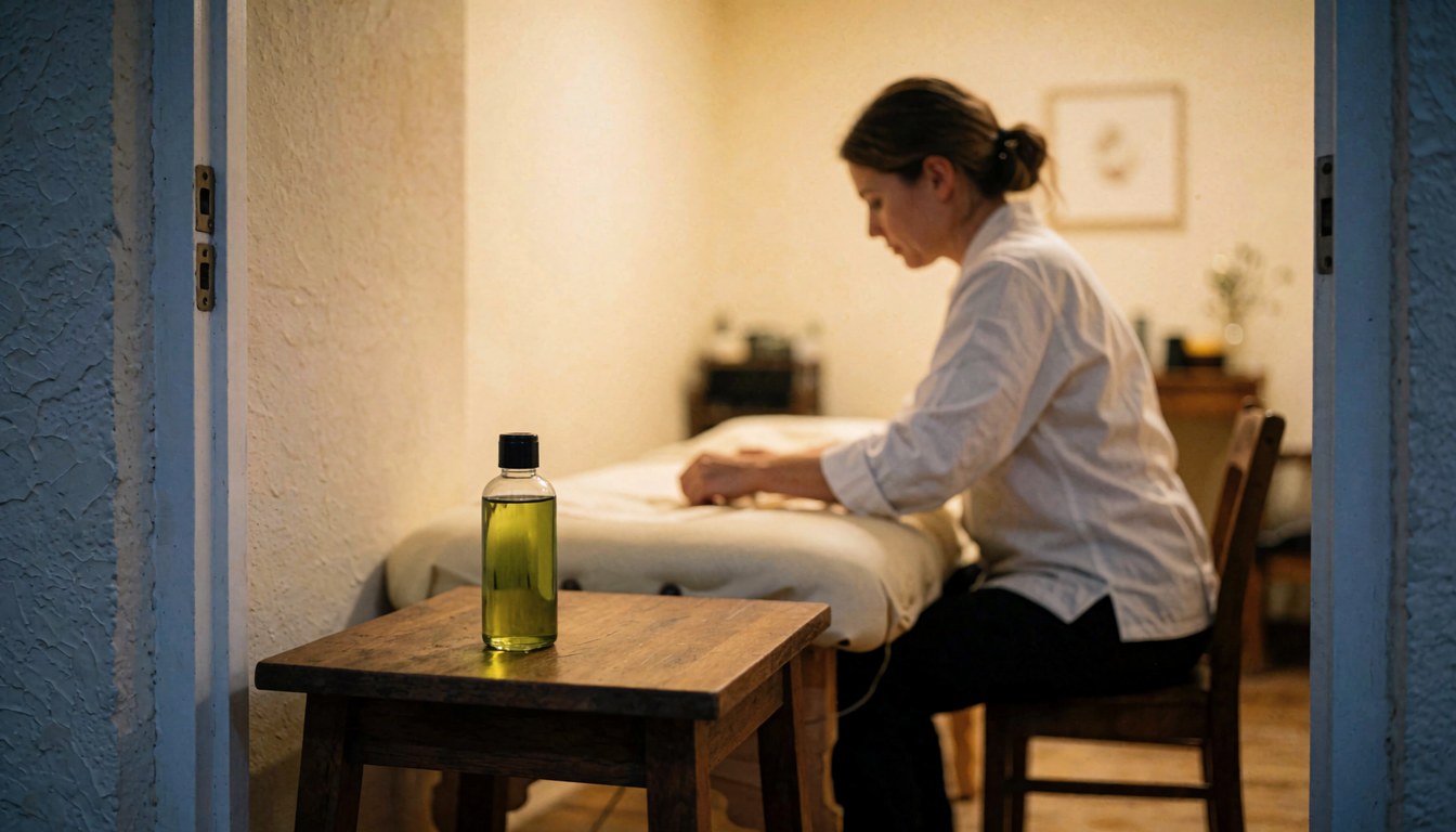 A massage therapist working in a beige room with a massage table and a bottle of lemongrass oil in the foreground.