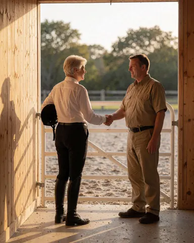 A rider and staff member shake hands near a white door with golden sunset light and sand visible in the background.