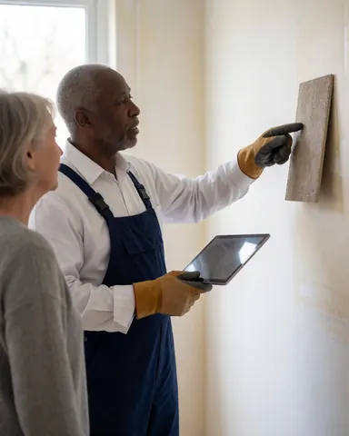 A painter wearing gloves displays a wall texture sample on a white wall to a client while using a digital tablet to plan the decorative painting project.