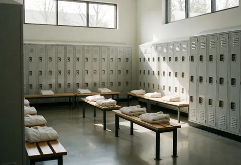 Modern locker room featuring gray lockers, wooden benches, and folded white towels illuminated by natural light