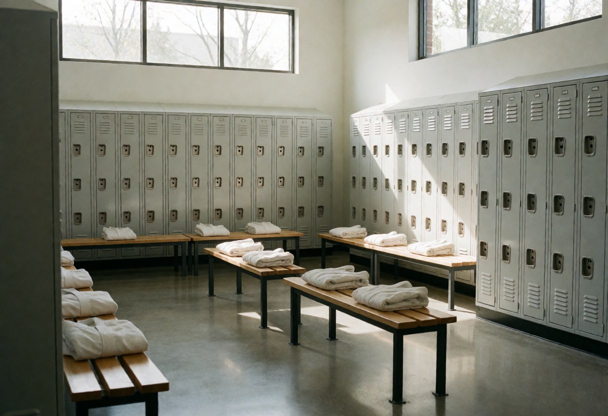 Modern locker room featuring gray lockers, wooden benches, and folded white towels illuminated by natural light