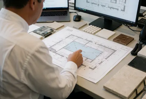 Consultant pointing at a pool blueprint while tile samples are displayed on the desk