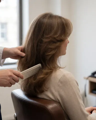 Hairdresser combing a client's long hair in a bright, professional salon setting with natural light from a window.