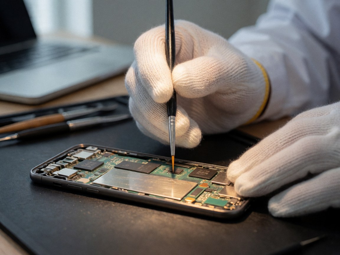 A technician wearing white gloves uses a brush to clean a smartphone motherboard on a dark workbench under focused lighting.
