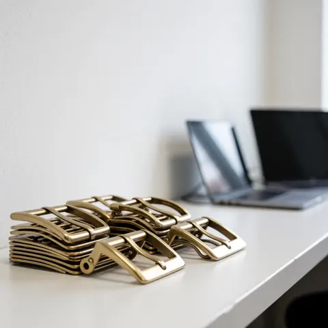 Bronze metal loops arranged on a white table with white walls and laptops in the background for metal accessory industry