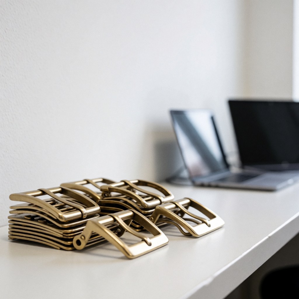 Bronze metal loops arranged on a white table with white walls and laptops in the background for metal accessory industry