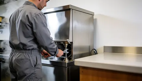 Technician in gray uniform adjusting a commercial dishwasher drain valve with a wrench, steam in background, white wall, text space on right