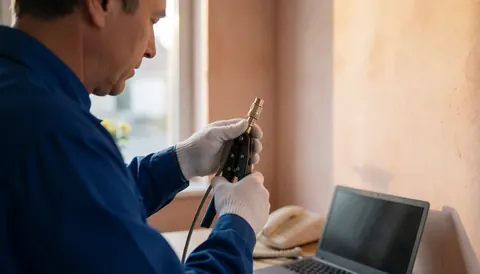 Close-up of technician crimping metal F connector with tool near terracotta wall and laptop for antenna installation service website