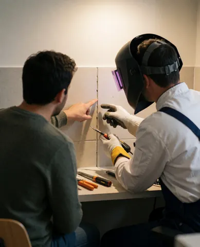 Technician and client inspecting a cork flooring joint during installation in a well-lit work environment