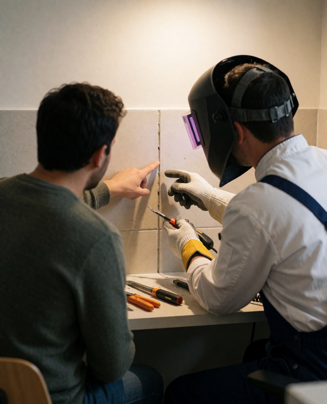 Technician and client inspecting a cork flooring joint during installation in a well-lit work environment