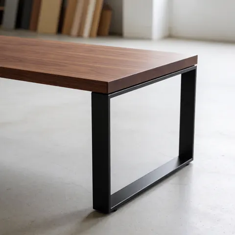 Minimalist wooden table with steel legs placed on a concrete floor against a backdrop of wooden boards in a studio setting
