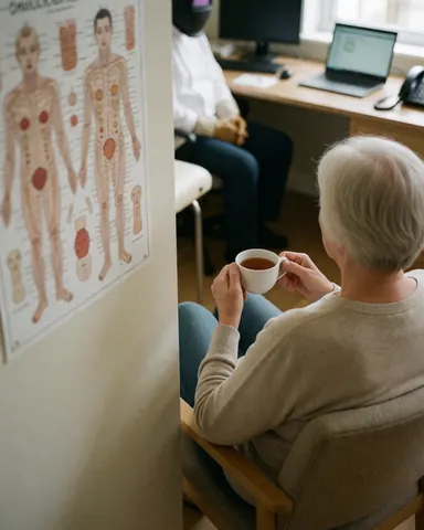 Senior woman holding a tea cup while seated in a chair, facing a reflexology chart on the wall in a professional therapy setting with natural light.