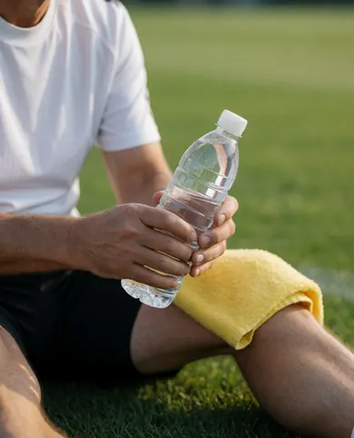 Soccer player resting on the grass with a water bottle and a yellow towel on his knee, illuminated by sunset light.