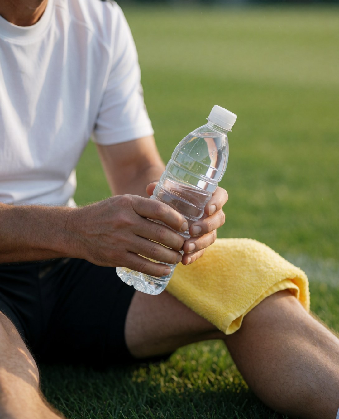 Soccer player resting on the grass with a water bottle and a yellow towel on his knee, illuminated by sunset light.