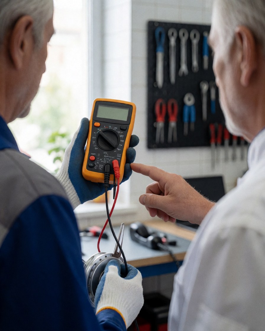 Mechanic in gloves uses a digital multimeter to inspect a motor while a customer points to a cable in a tiled workshop.