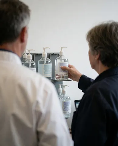 Back view of a customer taking hand sanitizer from a shelf in a stationery shop with a white wall background