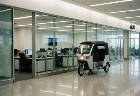 A passenger tricycle parked in an airport arrival area with glass walls and polished floor, ready to transport travelers.