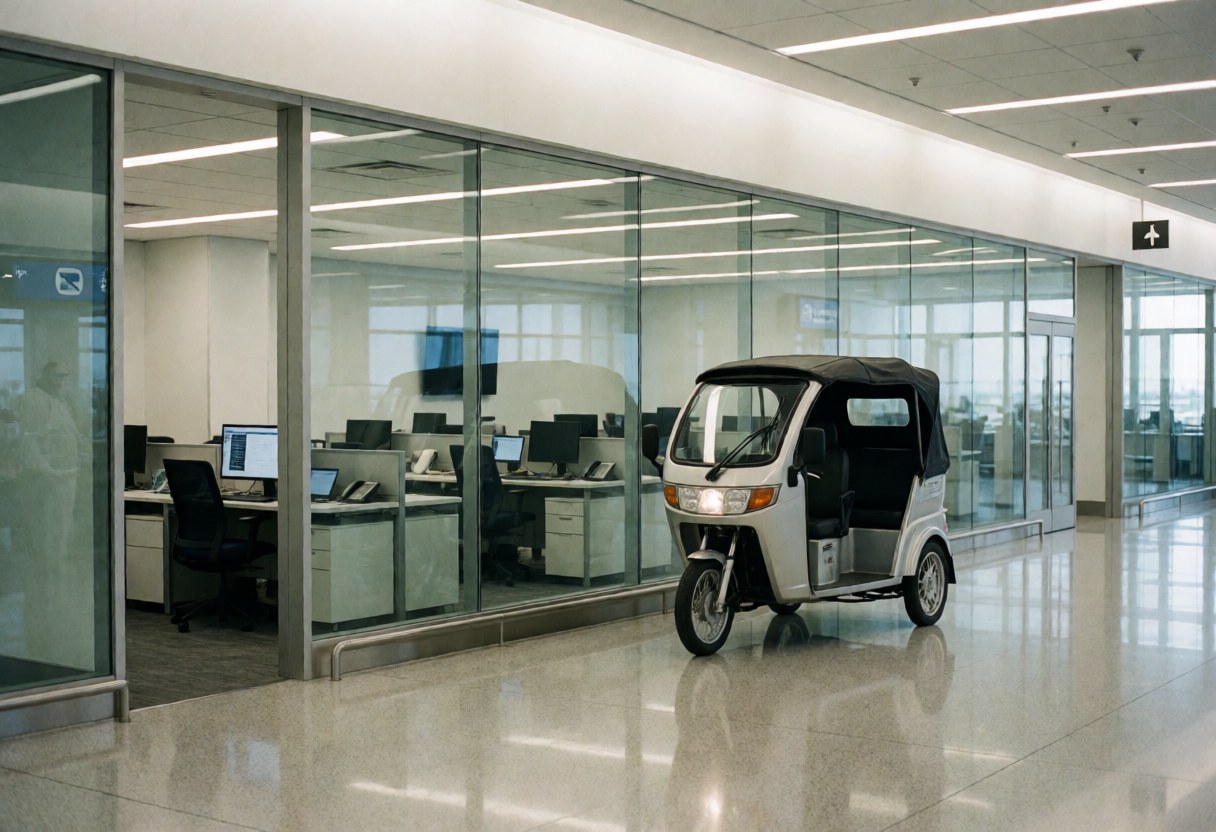 A passenger tricycle parked in an airport arrival area with glass walls and polished floor, ready to transport travelers.