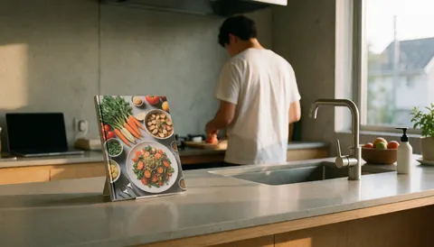 A recipe book and prepared food on a kitchen counter in a modern space with concrete walls and natural light, with a person cooking in the background.
