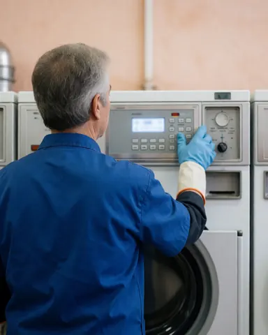 A worker in blue gloves adjusts the controls of an industrial washing machine in a laundromat with light walls and aligned machines.