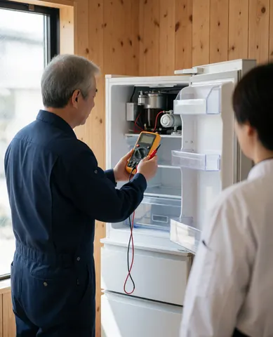 Technician inspecting an open refrigerator using a multimeter while a customer watches in a room with wooden walls and natural light.