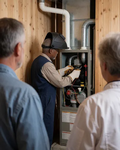 Technician wearing a welding helmet works on a heating boiler while two clients watch the repair process in an interior space with wooden walls.