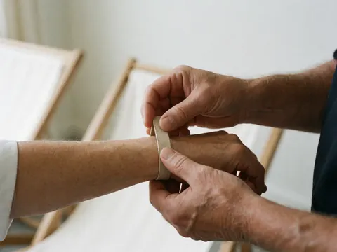 Close-up of a hand placing a beige identification bracelet on a wrist, with white lounge chairs and walls in the background at a beach club.