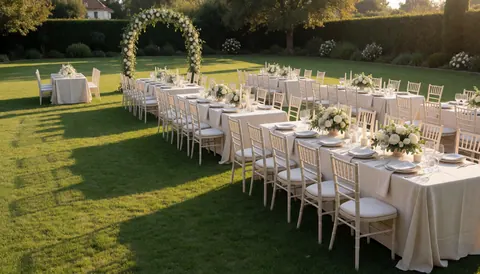 Long white tables and chairs arranged in a garden with a floral arch, ideal for event furniture rental.