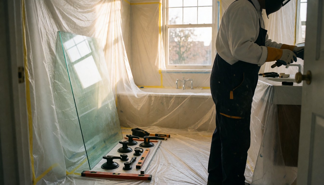 Professional worker installing a large glass panel in a bathroom protected with plastic and leveling tools.