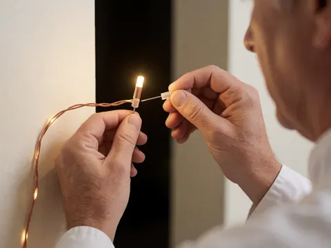 Close-up of a hand adjusting an LED bulb connected to a copper wire with a plastic insulator against a light-colored wall for event lighting.