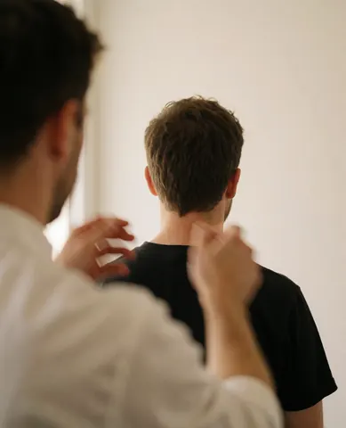 Close-up of a therapist's hands massaging a seated client's neck in a bright room with white walls and soft lighting