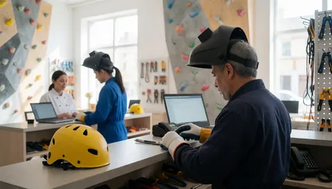 A person wearing a yellow helmet and gloves works on a computer at the front desk of an indoor climbing gym with walls and gear visible in the background.