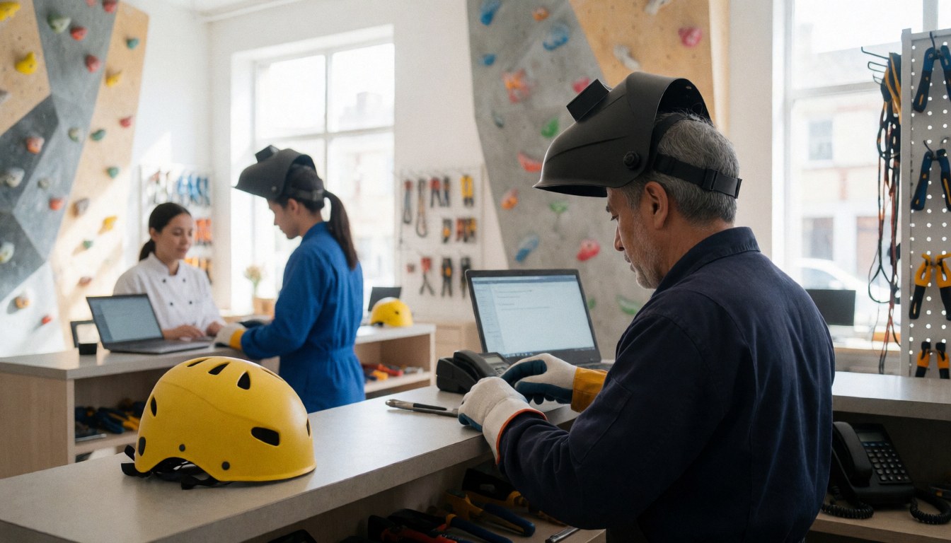 A person wearing a yellow helmet and gloves works on a computer at the front desk of an indoor climbing gym with walls and gear visible in the background.