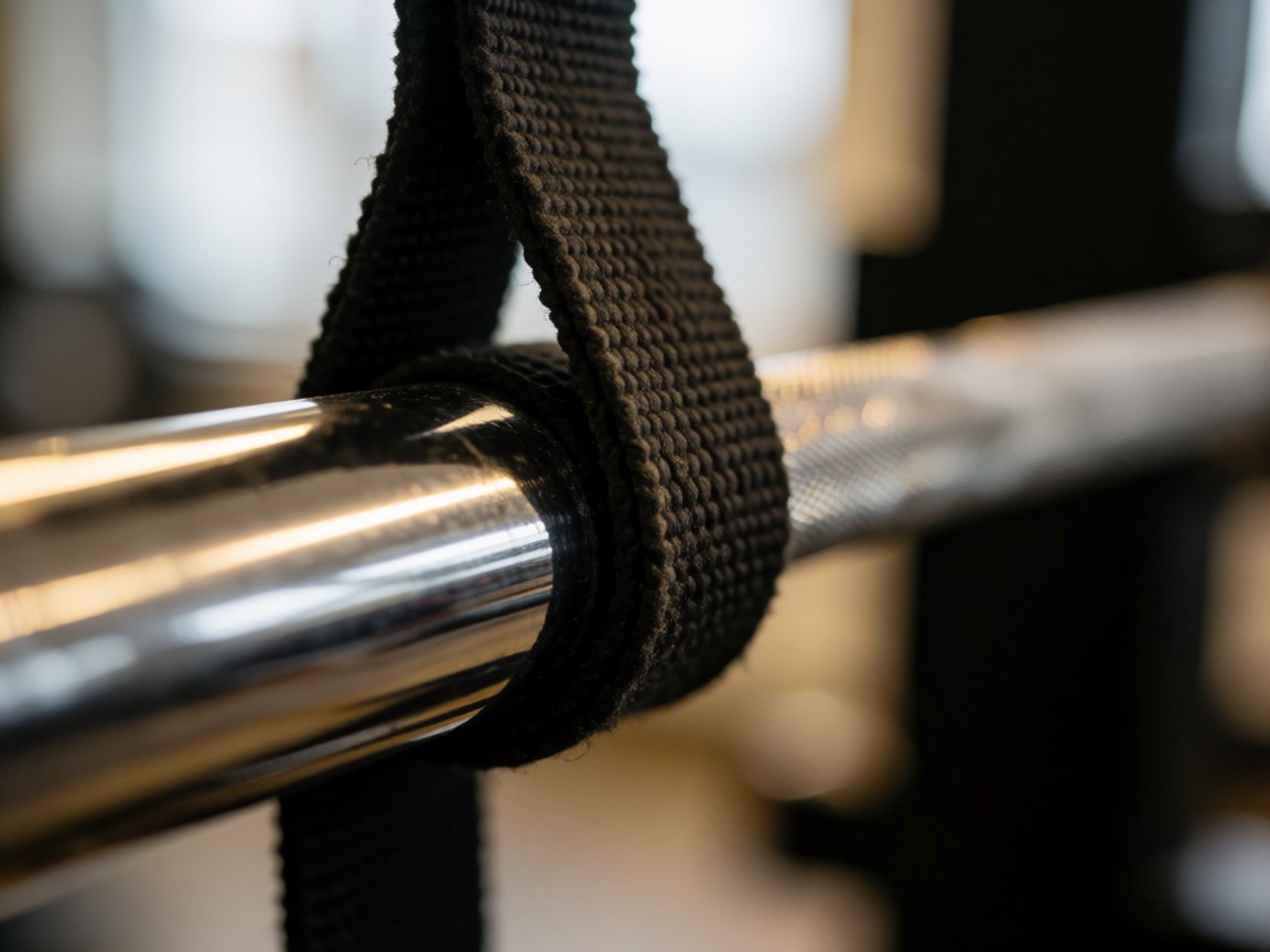Black fitness strap tied to a chrome weight bar in a gym with metallic reflections and a blurred background