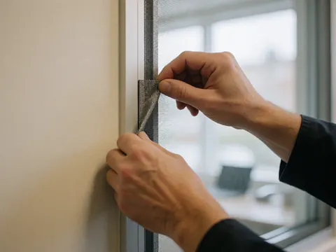 Close-up of hands securing metal mesh screen into a white insulated window frame against a beige wall during installation.