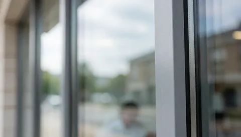 Matte gray aluminum window frame reflecting the sky with a blurred background suitable for commercial text overlays