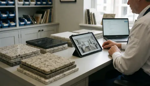 Kitchen installer reviewing granite and marble samples on a tablet at a consultation table in a showroom