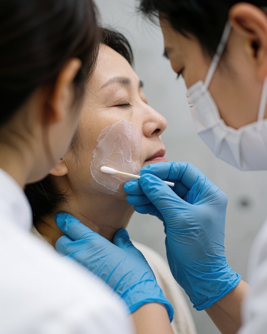 Professional wearing blue gloves applies cream to a patient's face during a facial treatment in a clinic