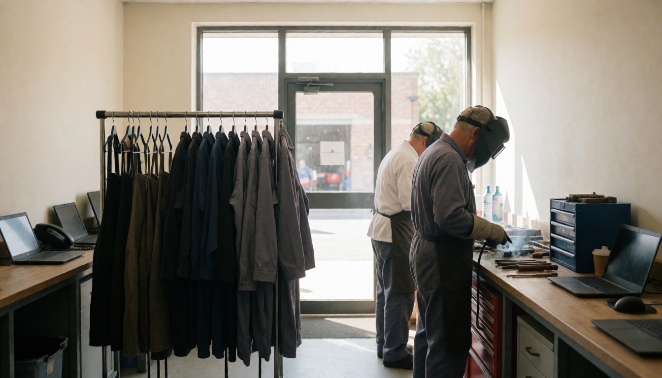 Two mechanics working in a bicycle repair shop with uniforms hanging and tools on the table