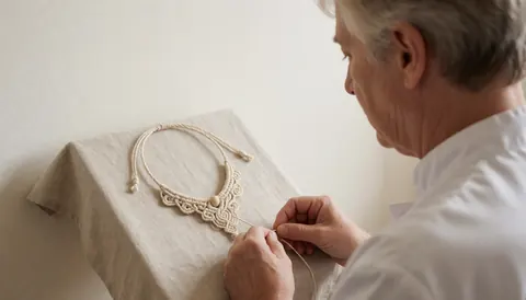 Close-up of a macrame chain with wooden beads being woven by skilled hands on a linen loom in a craft workshop